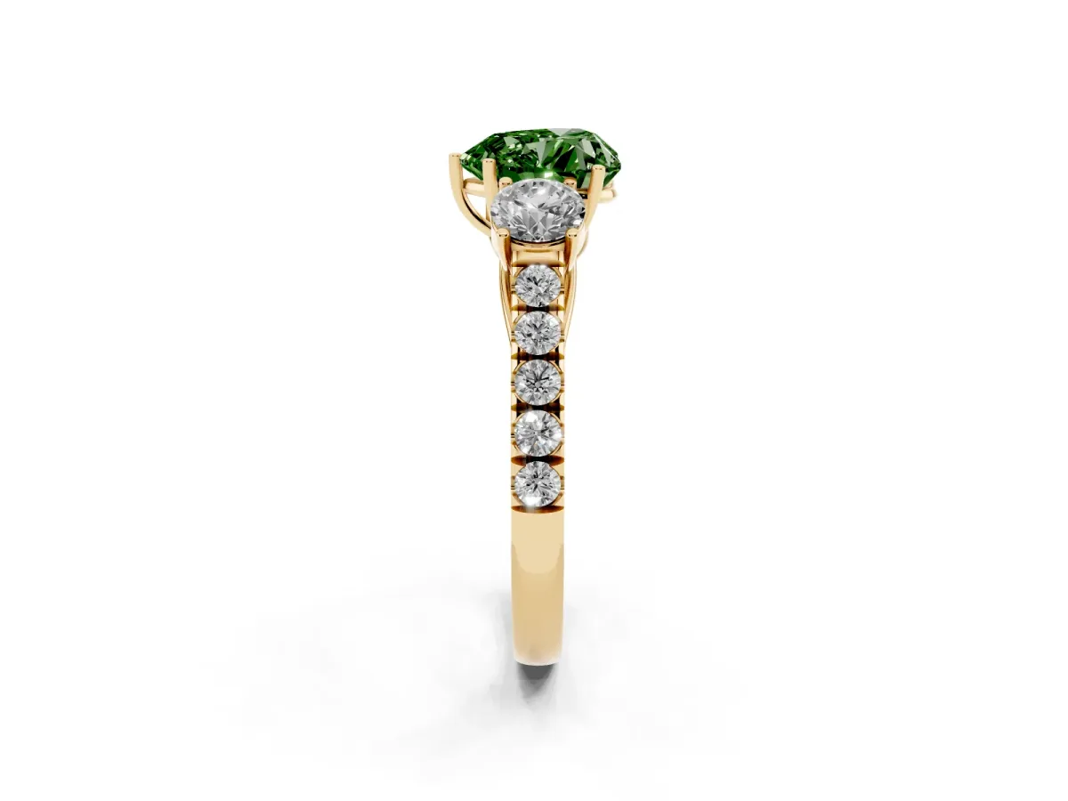 Fancy Green Heart Cut Cut Diamond Three-Stone Ring with Round Side Stones and Pavé Band Yellow gold