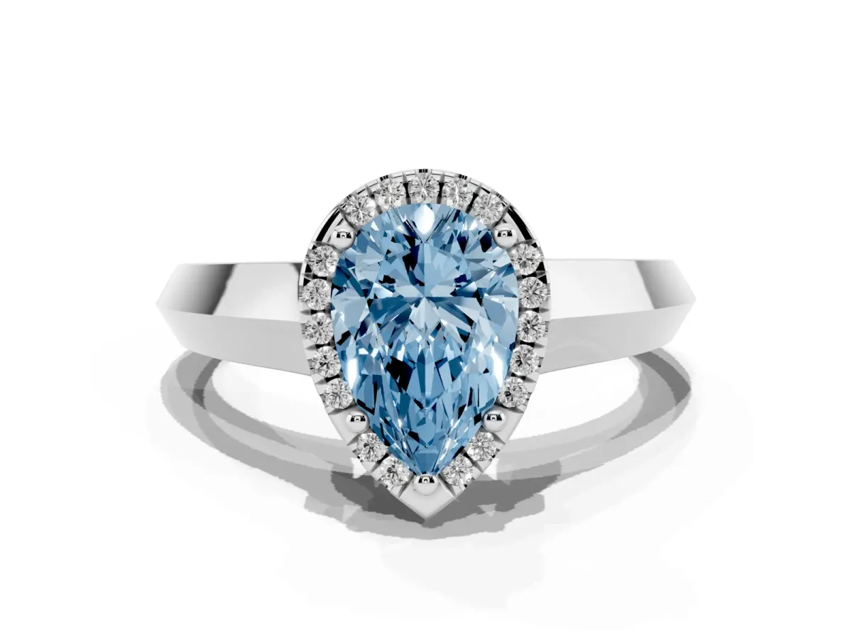 Fancy Blue Pear Cut Halo Diamond Ring with Cathedral Band and Four-Prong Setting White gold