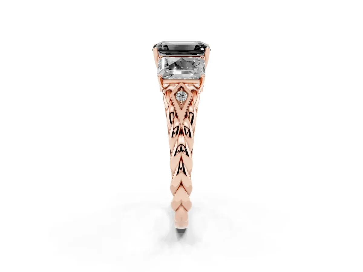 Fancy Black Three-Stone Emerald Cut Diamond Braided Band Ring with Four-Prong Setting Rose gold
