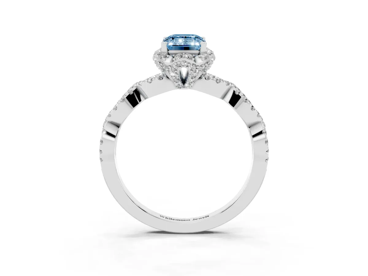 Fancy Blue Emerald Cut Halo Twist Band Solitaire Ring with Six-Prong Setting Silver