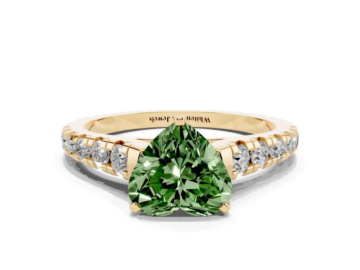Fancy Green Heart Cut Diamond Cathedral Solitaire Ring with Round Pavé Band Yellow gold