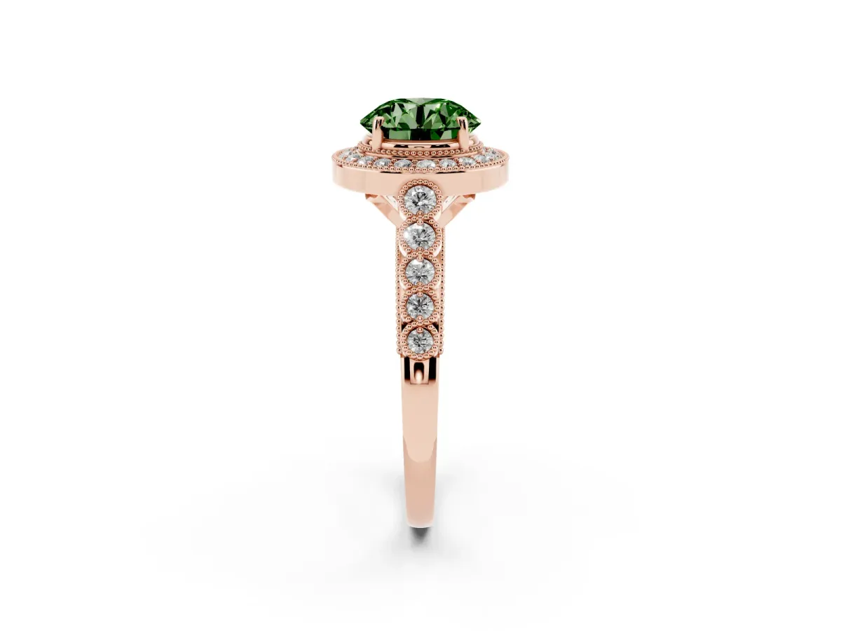 Fancy Green Round Cut Halo Milgrain Solitaire with Bezel Set Side Stones and Pave Band Rose gold