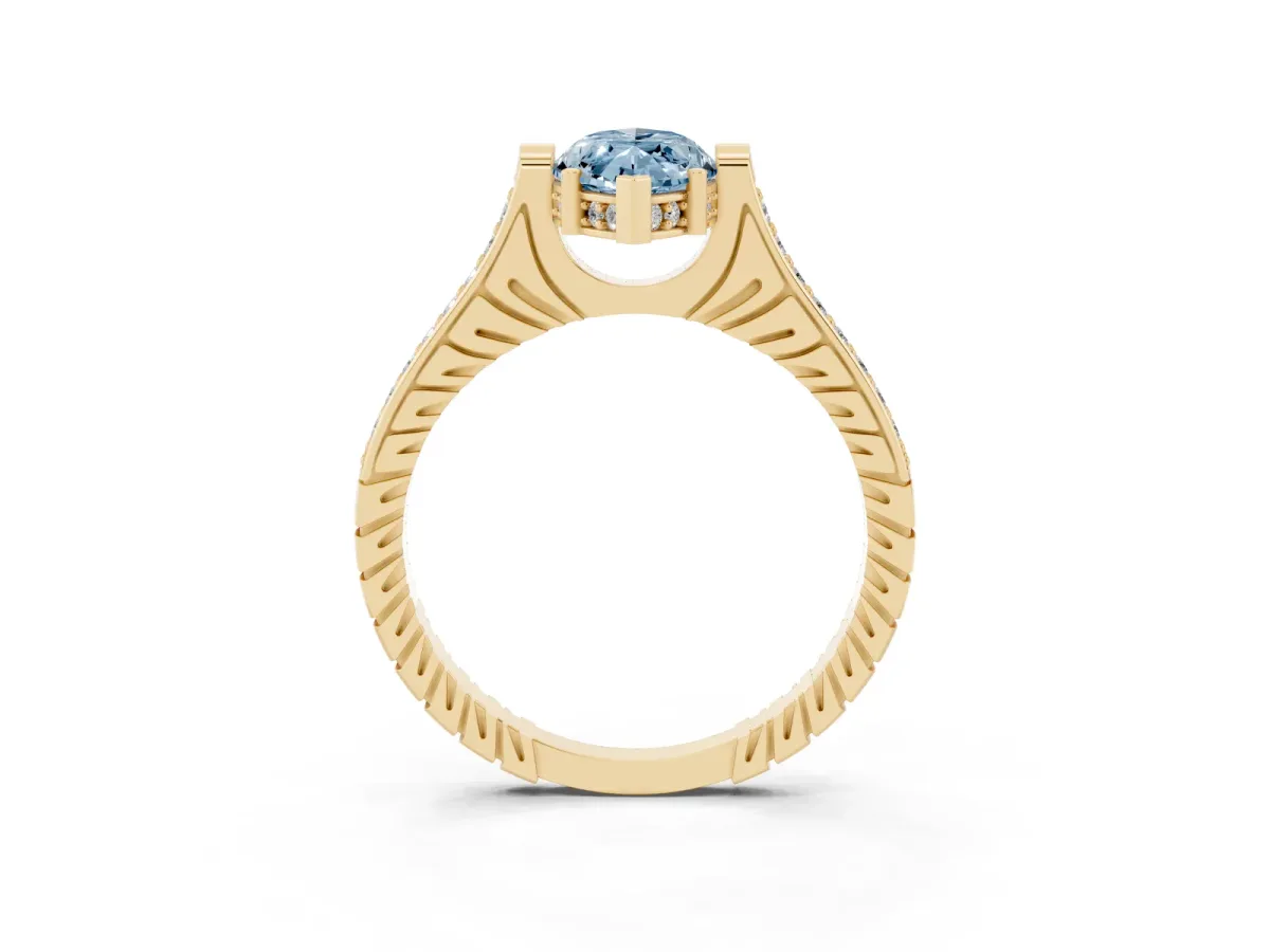 Fancy Blue Marquise Cut Solitaire Diamond Ring with Channel Set Band and Bezel Prong Setting Yellow gold