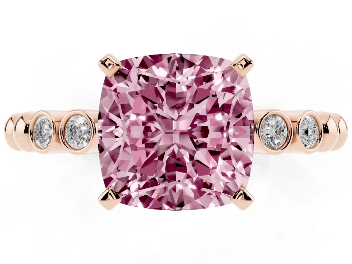Fancy Pink Cushion Cut Solitaire Bezel Accent Diamond Engagement Ring with Beaded Band and Four-Prong Setting Rose gold