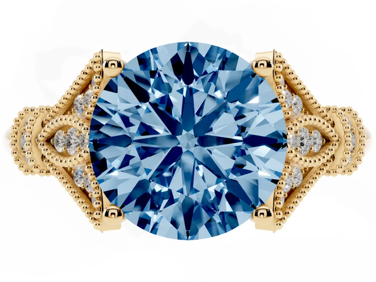 Fancy Blue Round Cut Diamond Solitaire Ring with Floral Filigree and Pave Accents Yellow gold