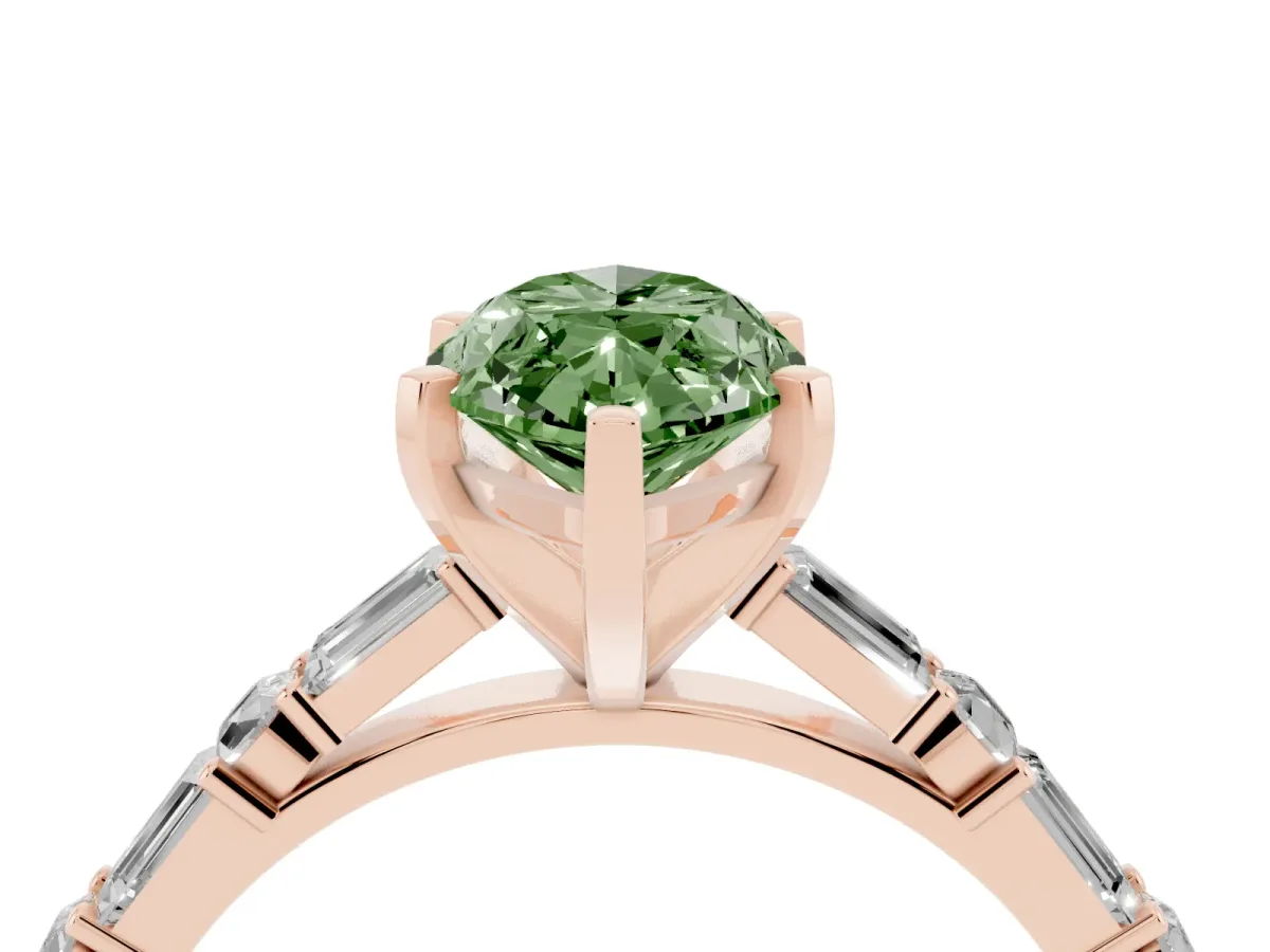 Fancy Green Marquise Cut Diamond Solitaire with Side Baguettes and Channel Set Band Rose gold