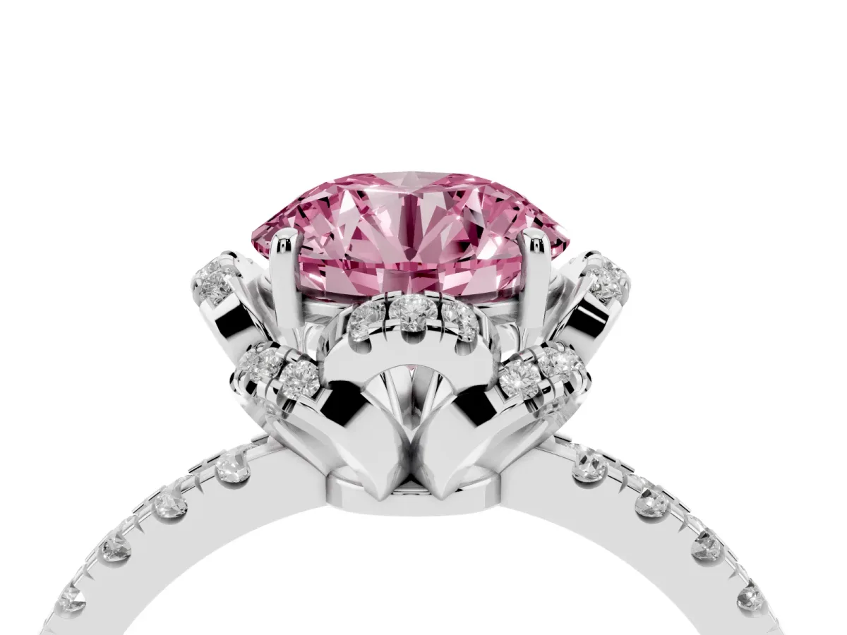 Fancy Pink Round Cut Diamond Halo Pave Band with Four-Prong Setting Silver