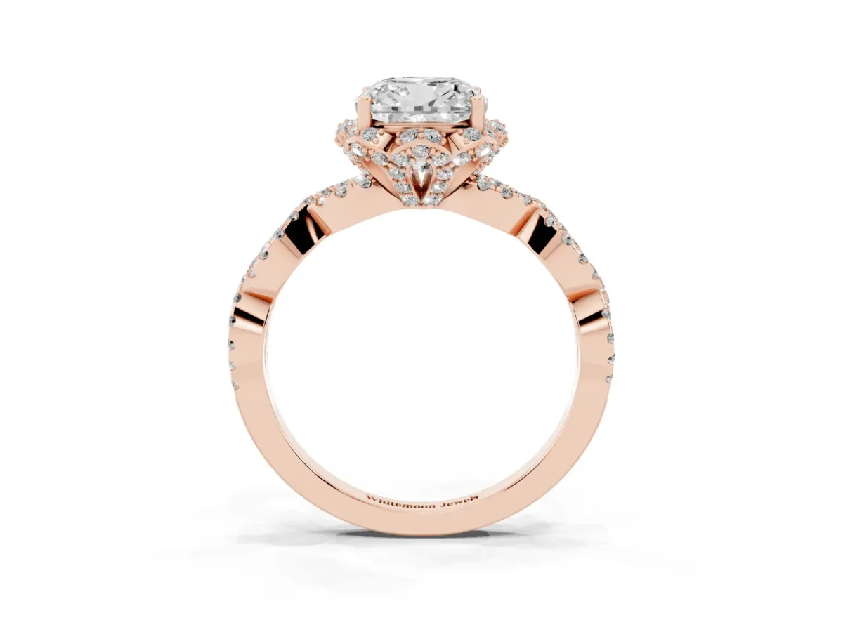 Cushion Cut Halo Twist Band Solitaire Ring with Six-Prong Setting Rose gold