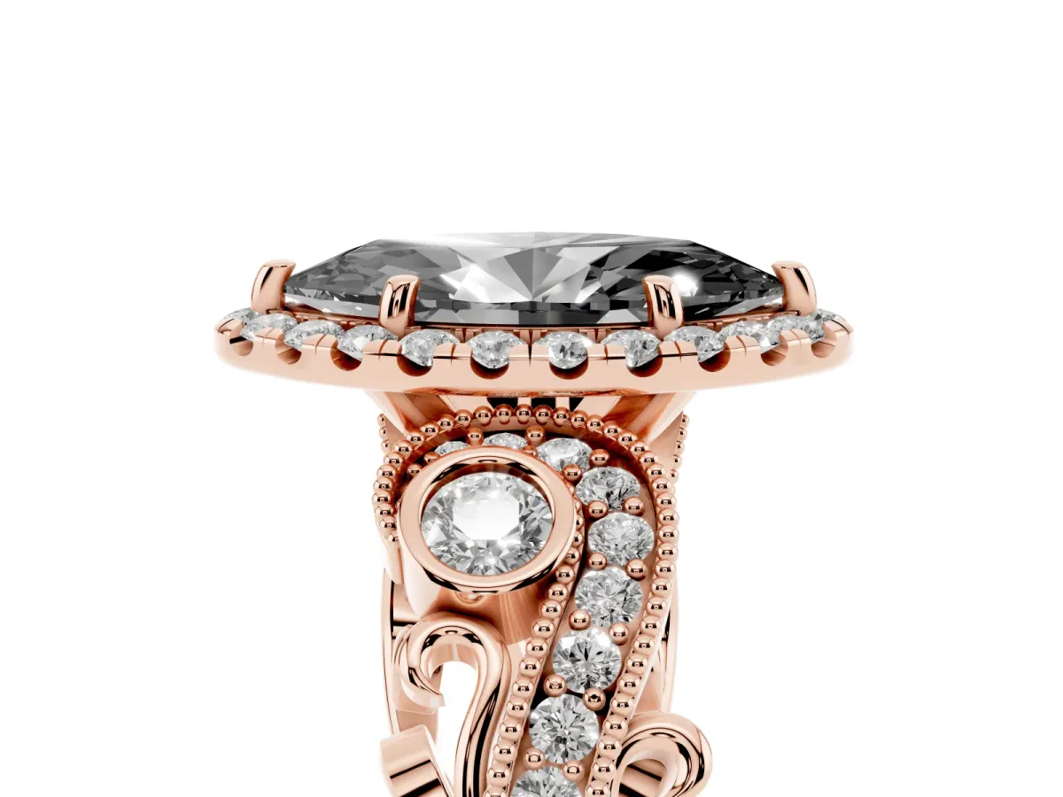 Fancy Black Marquise Cut Halo Diamond Ring with Milgrain and Bezel Accents on a Split Shank Band Rose gold