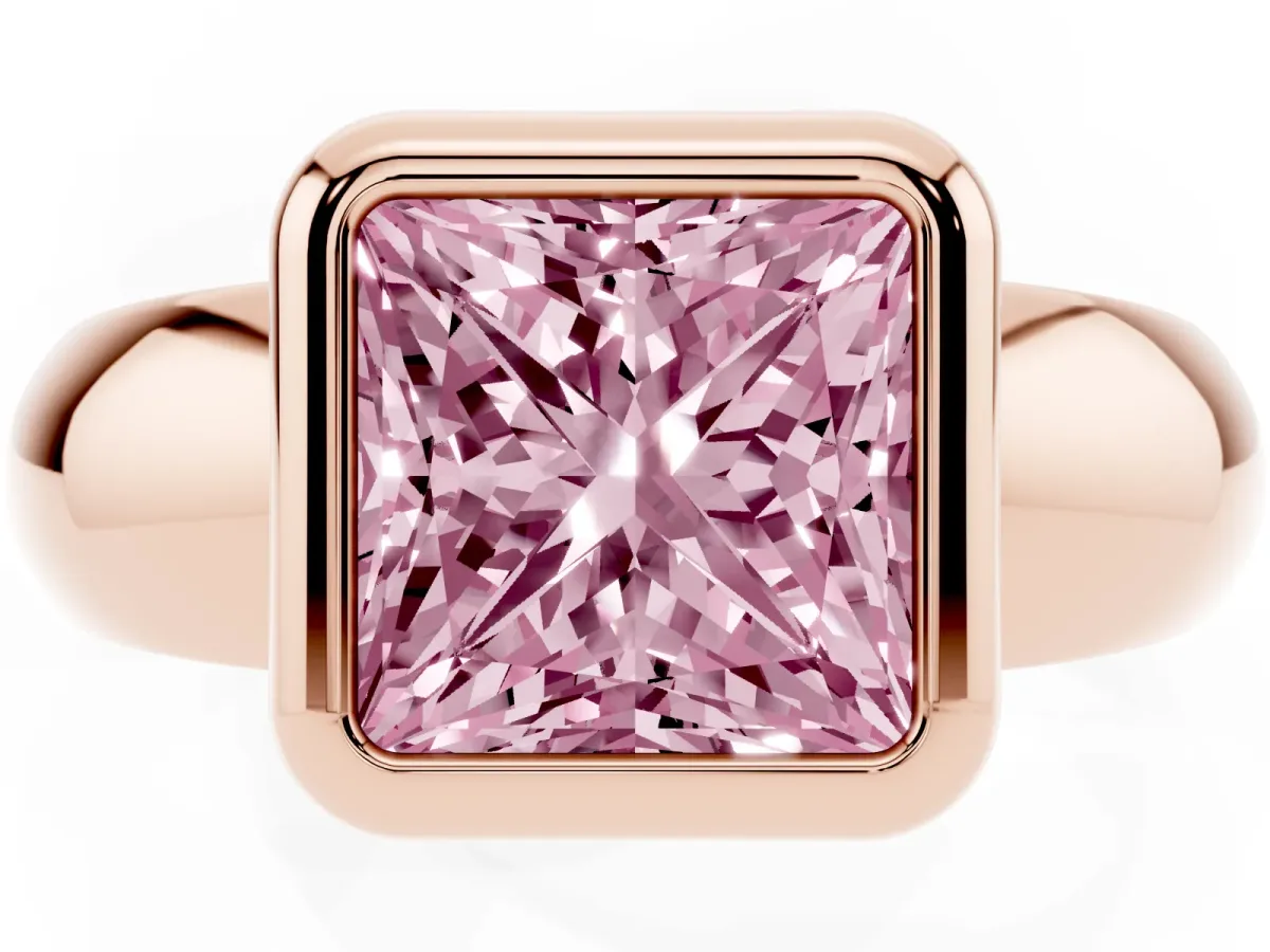 Fancy Pink Bezel Set Princess Cut Solitaire Ring with Wide Band Rose gold
