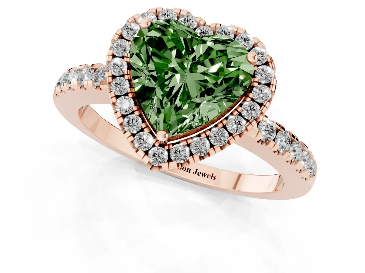 Fancy Green Heart Cut Halo Diamond Engagement Ring with Pavé Band and Four-Prong Setting Rose gold