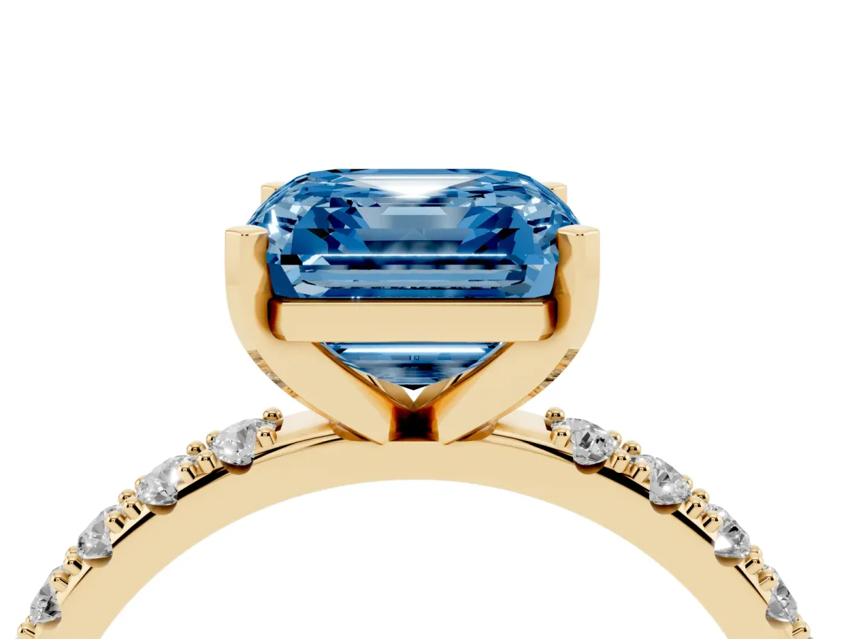 Fancy Blue Asscher Cut Diamond Solitaire Pavé Band with Four-Prong Setting Yellow gold