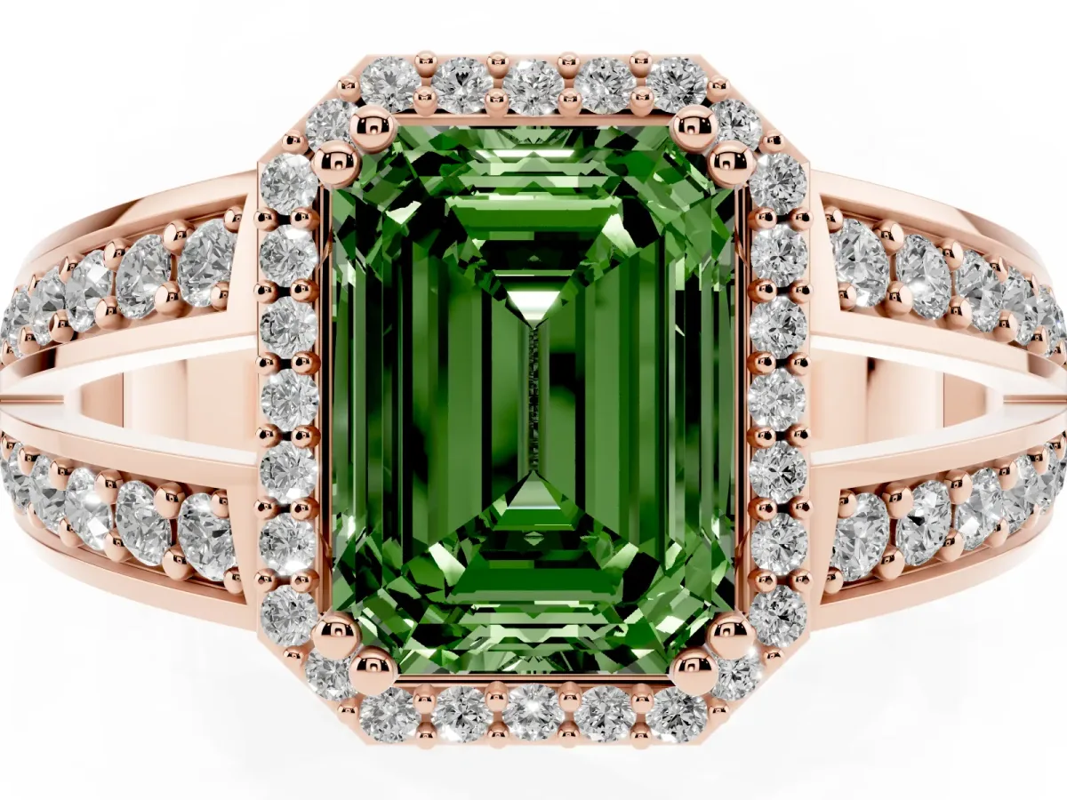 Fancy Green Emerald Cut Diamond Halo Ring with Split Shank Pavé Band and Four-Prong Setting Rose gold