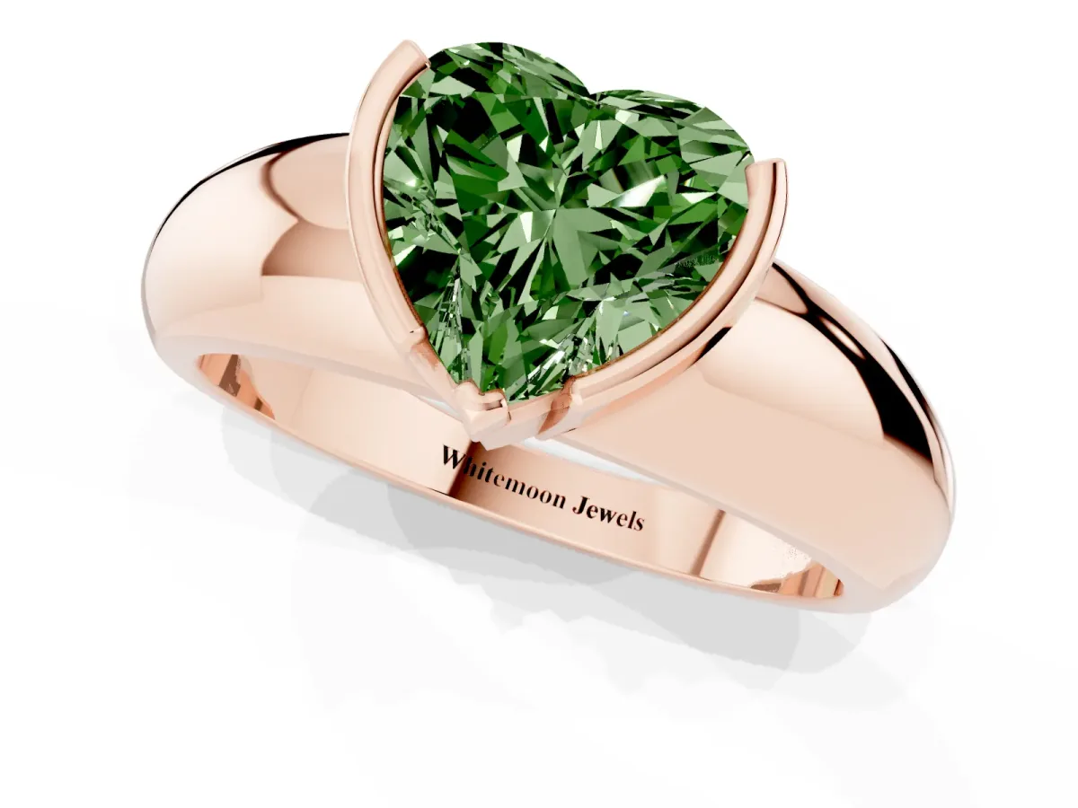 Fancy Green Heart Cut Solitaire Tension Set Diamond Ring with Wide Band Rose gold