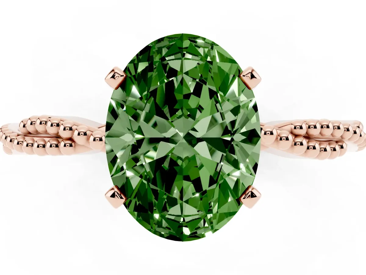 Fancy Green Oval Cut Solitaire Twisted Band with Bead Prong Setting Rose gold