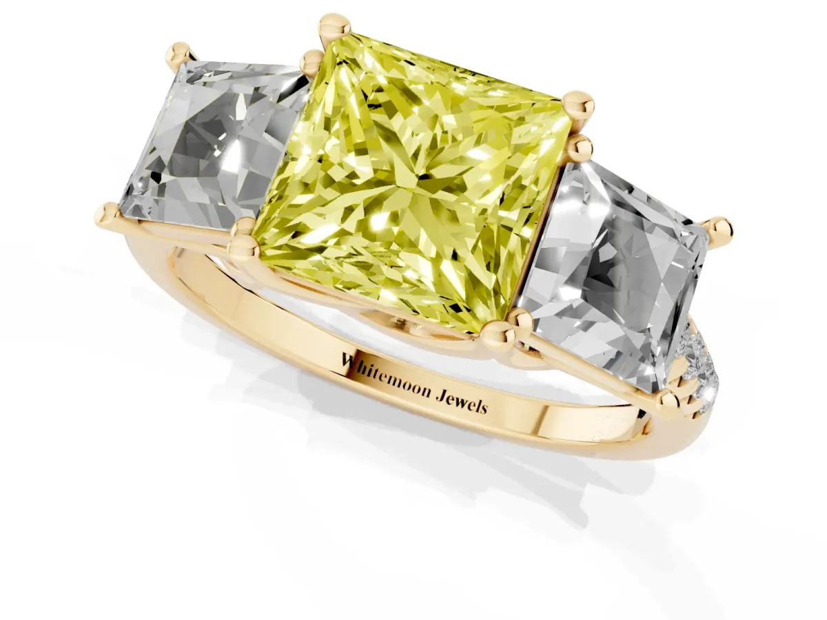 Fancy Yellow Three-Stone Princess Cut Diamond Ring with Round Pavé Band and Prong Setting Yellow gold