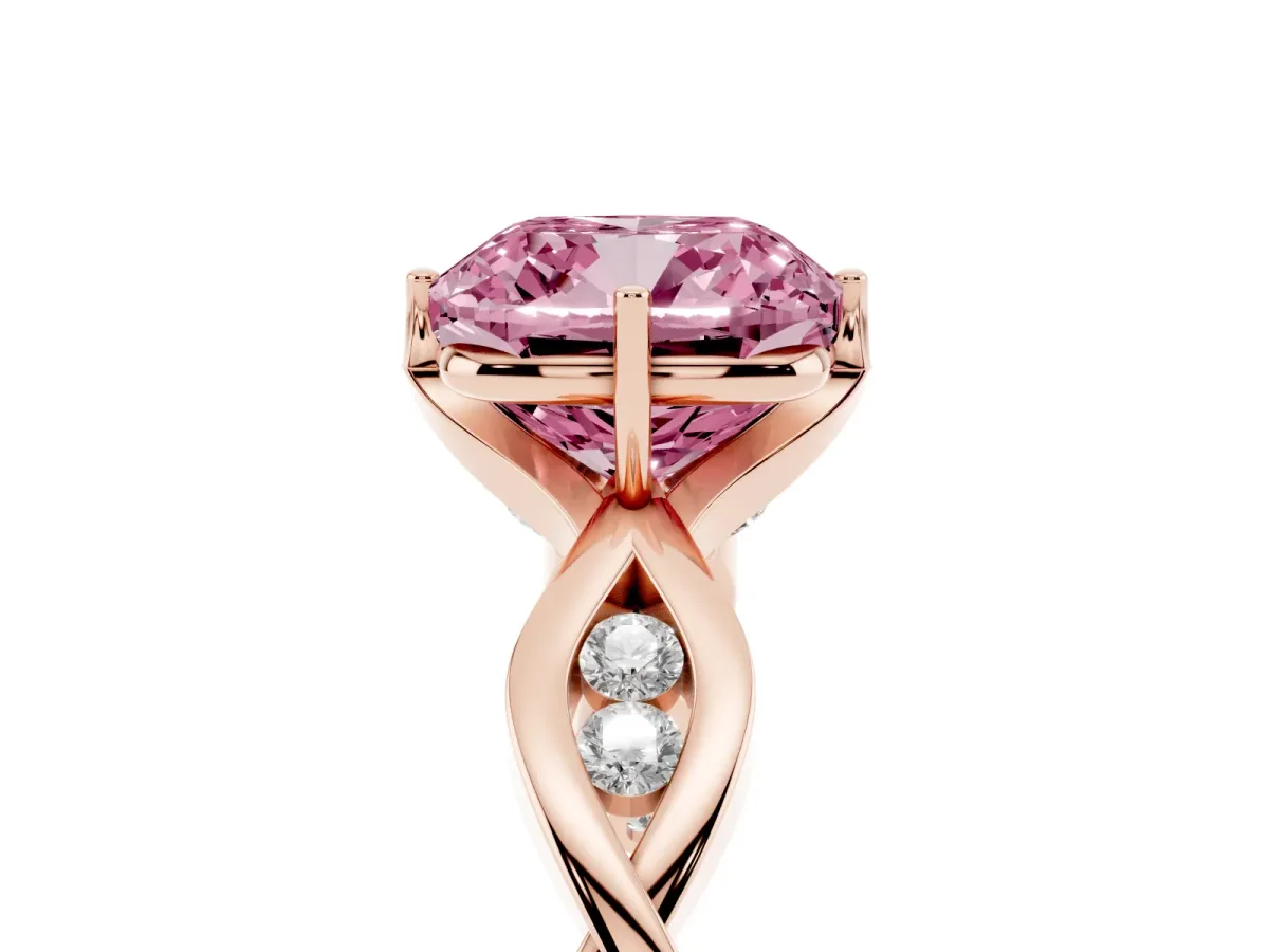 Fancy Pink Cushion Cut Solitaire Twist Band with Leaf Prong Setting Rose gold