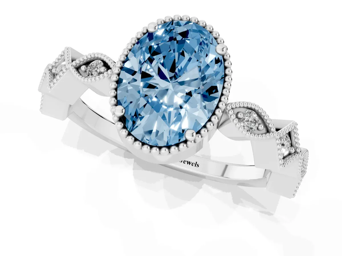 Fancy Blue Oval Cut Milgrain Marquise Diamond Twist Band Ring Silver