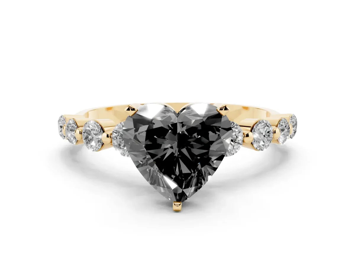 Fancy Black Heart Cut Solitaire Diamond Ring with Pave Band and Four-Prong Setting Yellow gold