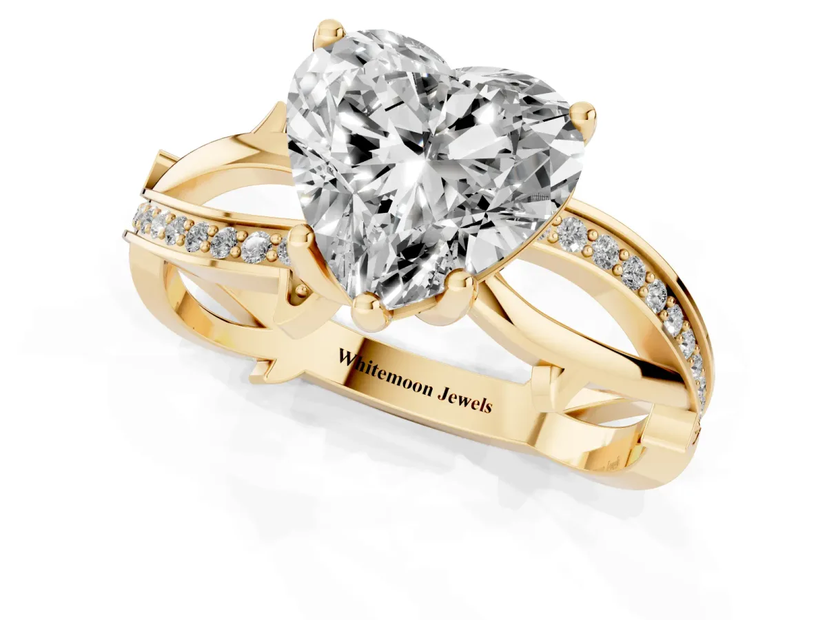 Heart Cut Solitaire Twist Band with Pavé Accents and Four-Prong Setting Yellow gold