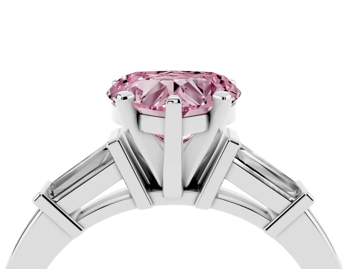 Fancy Pink Heart Cut Cut Diamond Solitaire Ring with Tapered Baguette Accents and Four-Prong Setting White gold