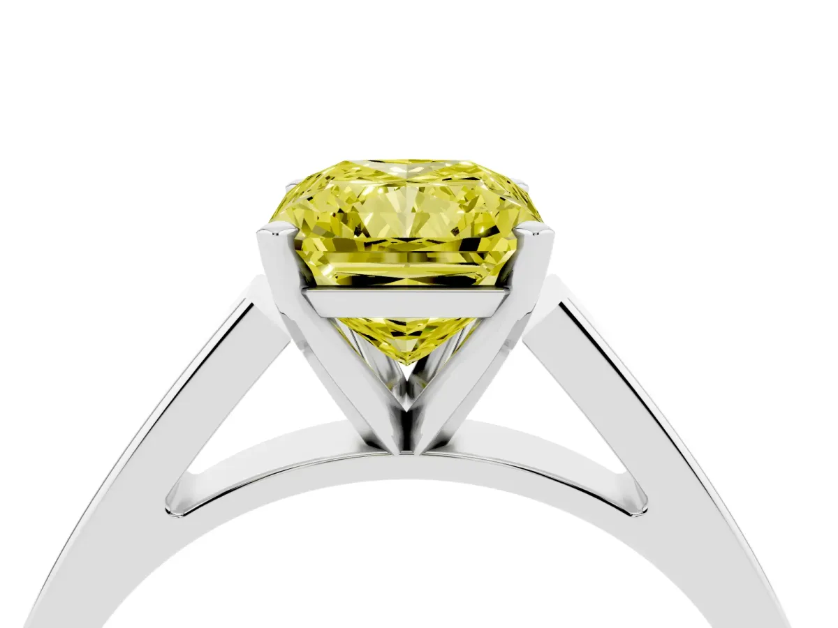 Fancy Yellow Radiant Cut Solitaire Engagement Ring with Four-Prong Setting and Tapered Band Silver