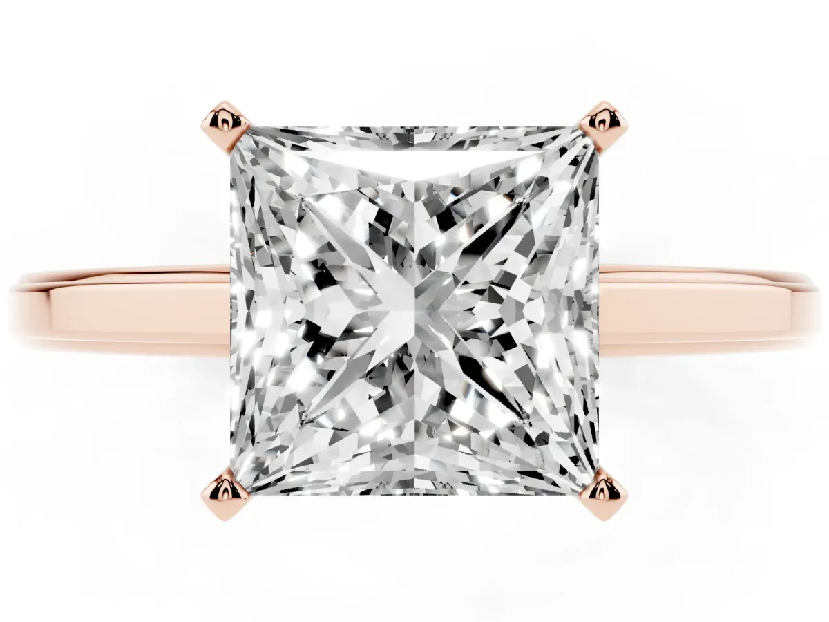 Princess Cut Solitaire Diamond Ring with Four-Prong Setting and Classic Band Rose gold