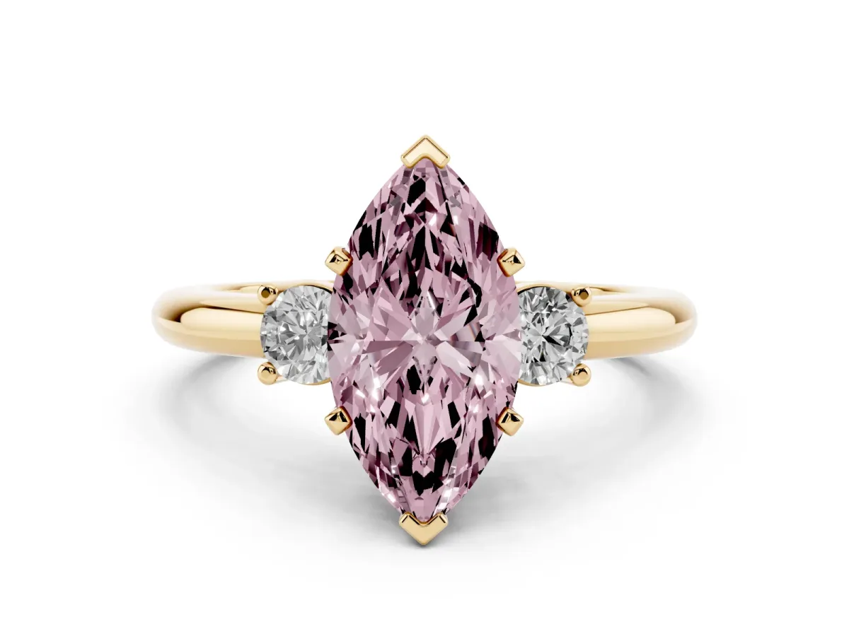 Fancy Pink Three-Stone Marquise Cut Cut Diamond Solitaire with Prong Setting and Classic Band Yellow gold
