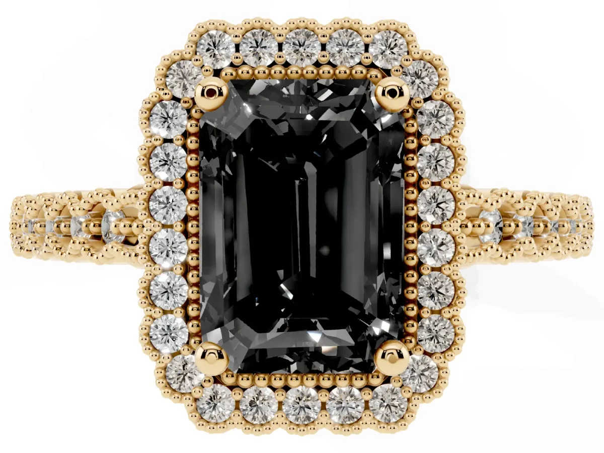 Fancy Black Radiant Cut Cut Halo Pavé Solitaire Ring with Milgrain Band Yellow gold
