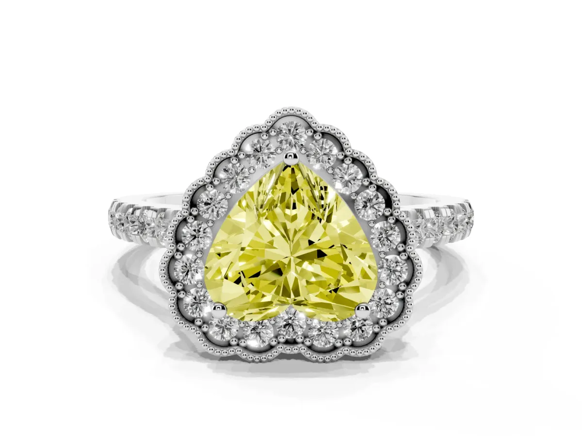 Fancy Yellow Heart Cut Cut Diamond Milgrain Floral Halo Engagement Ring with Pavé Band White gold