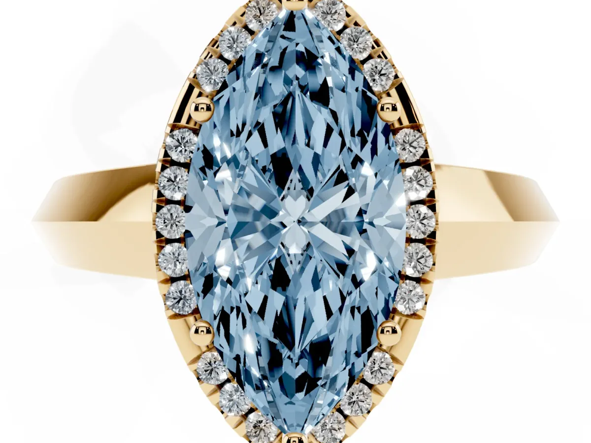 Fancy Blue Marquise Cut Halo Diamond Ring with Cathedral Band and Four-Prong Setting Yellow gold
