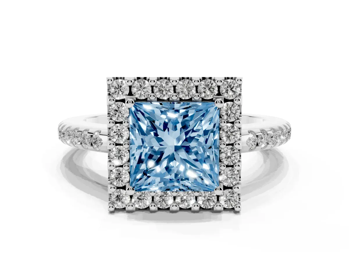 Fancy Blue Princess Cut Diamond Pavé Halo Ring with Four-Prong Setting Silver