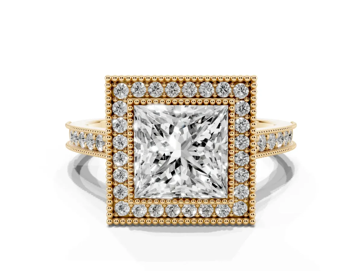 Halo Princess Cut-Cut Diamond Pave Band Milgrain Prong Setting Ring Yellow gold