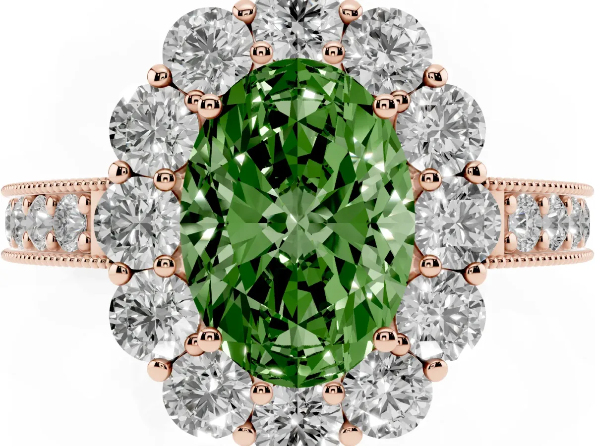 Fancy Green Oval Cut Cut Halo Diamond Pavé Engagement Ring with Milgrain Detailing Rose gold
