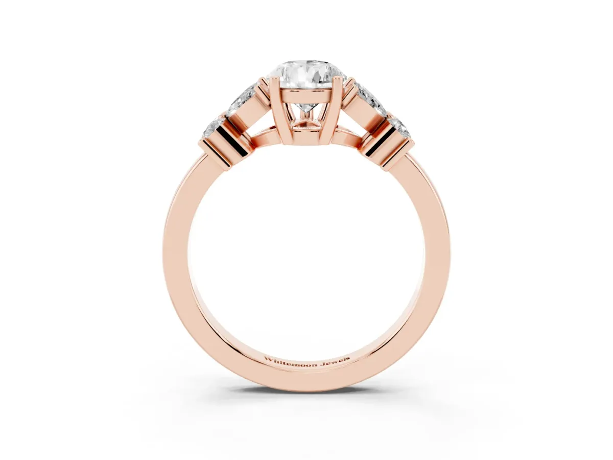 Pear Cut Diamond Floral Cluster Ring with Solitaire Band and Prong Setting Rose gold