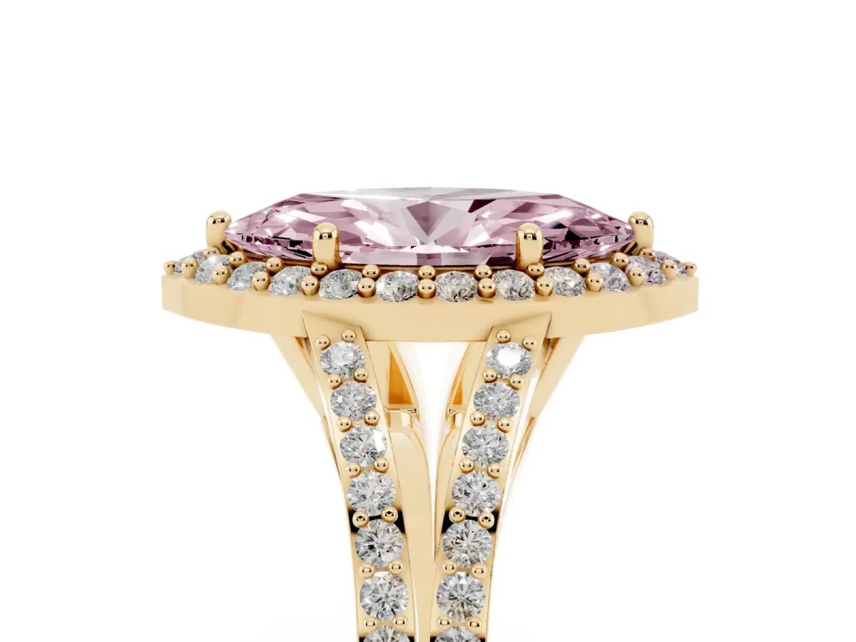 Fancy Pink Marquise Cut Halo Split Shank Pave Diamond Ring with Four-Prong Setting Yellow gold