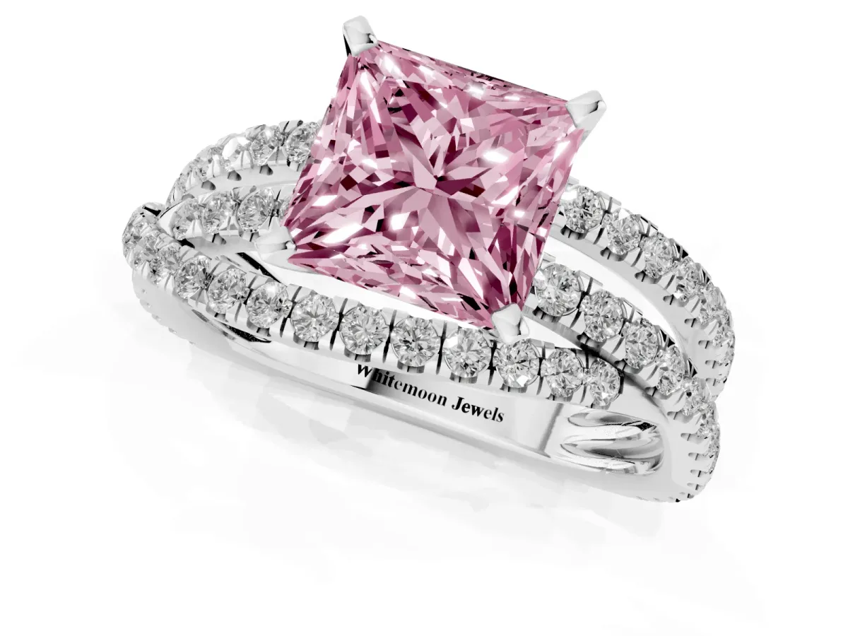 Fancy Pink Princess Cut Solitaire Twist Band with Pavé Setting and Four-Prong Setting Platinum
