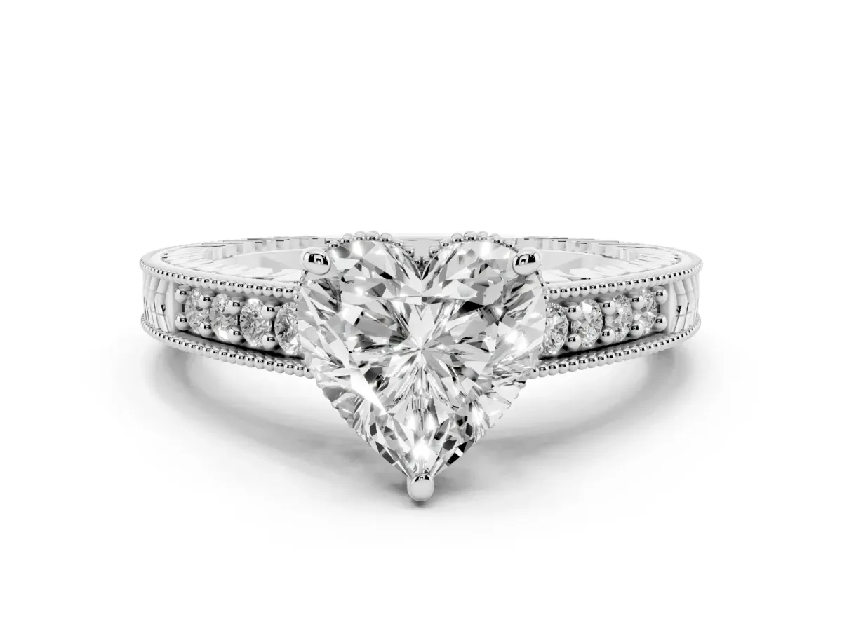 Heart Cut Solitaire Pavé Diamond Milgrain Engagement Ring with Four-Prong Setting Silver