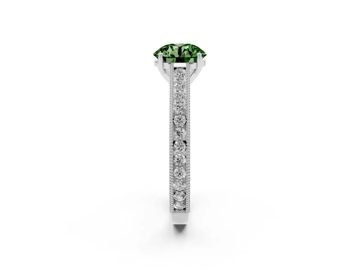 Fancy Green Round Cut Cut Pave Band Milgrain Solitaire Ring Platinum
