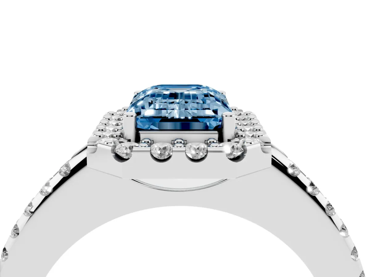 Fancy Blue Emerald Cut Diamond Pavé Halo Ring with Four-Prong Setting White gold