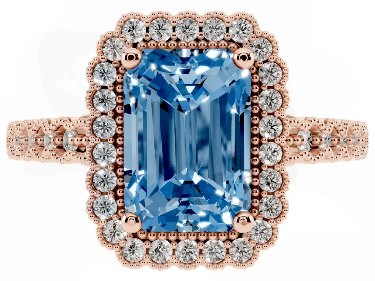 Fancy Blue Radiant Cut Cut Halo Pavé Solitaire Ring with Milgrain Band Rose gold