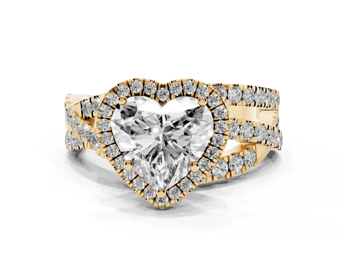 Heart Cut Diamond Halo Ring with Round Split Shank and Prong Setting Yellow gold