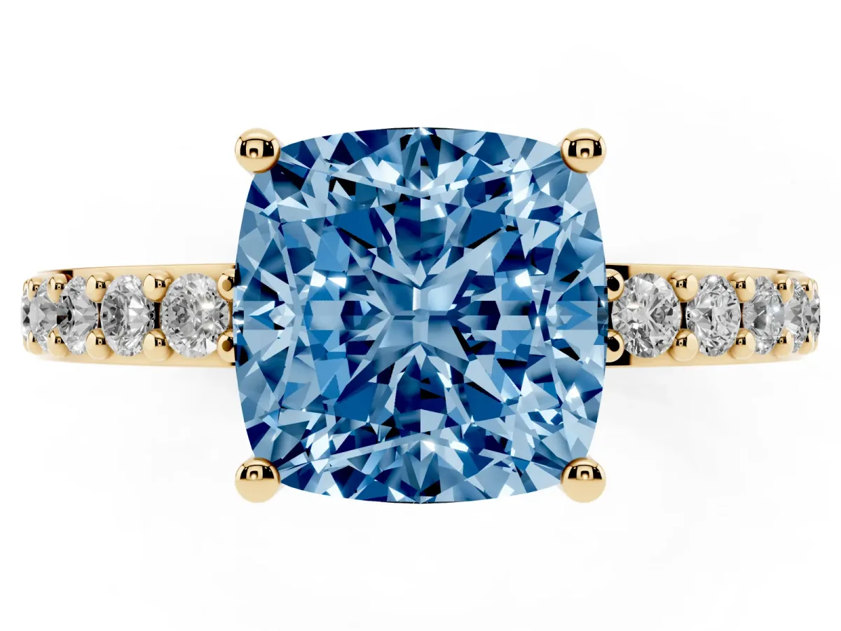 Fancy Blue Cushion Cut Cut Diamond Solitaire with Pave Band and Four-Prong Setting Yellow gold