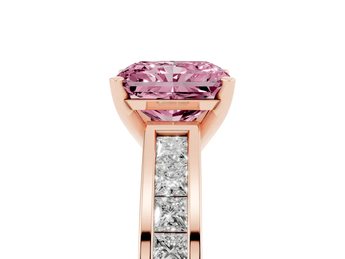 Fancy Pink Radiant Cut Solitaire Diamond Ring with Channel-Set Band and Four-Prong Setting Rose gold