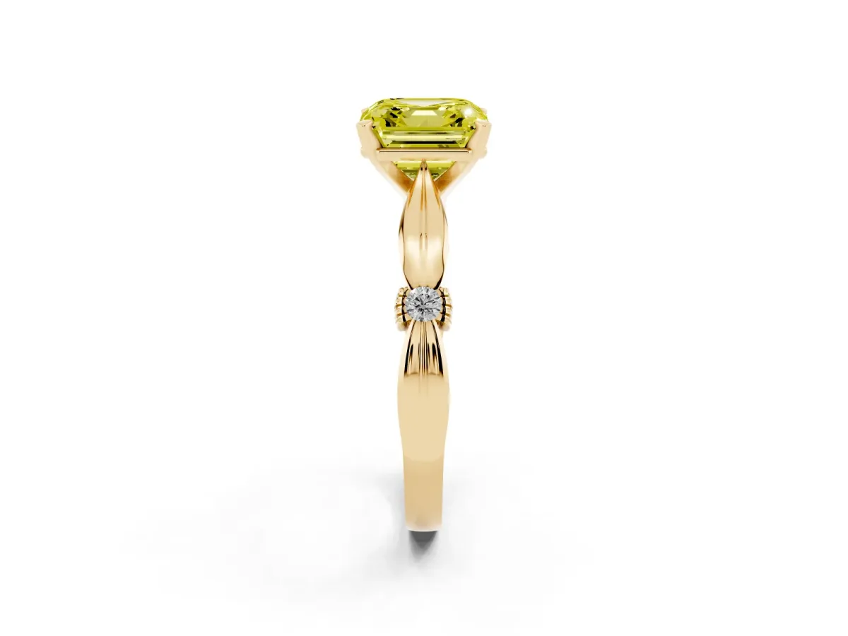Fancy Yellow Asscher Cut Solitaire Diamond Twisted Band with Four-Prong Setting Yellow gold