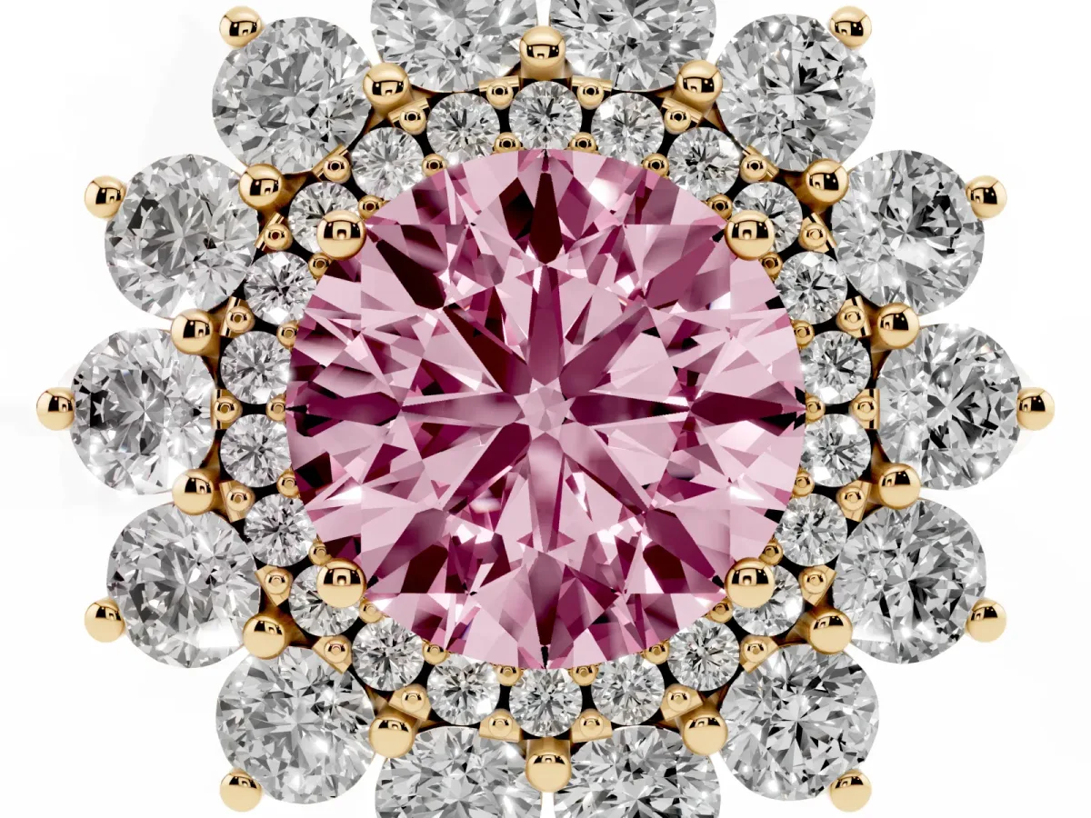 Fancy Pink Round Cut Diamond Floral Double Halo Engagement Ring with Prong Setting Yellow gold