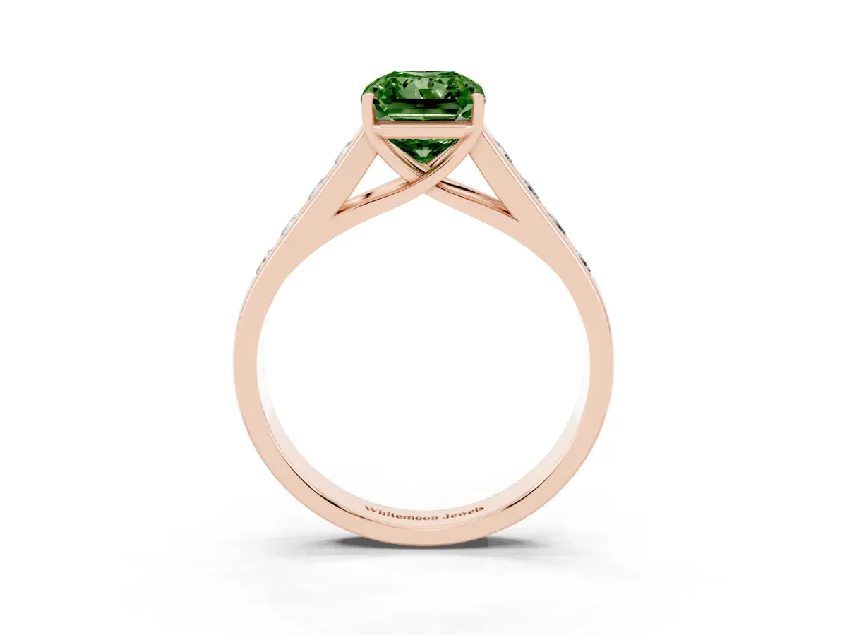 Fancy Green Radiant Cut Solitaire Channel-Set Diamond Engagement Ring with Four-Prong Setting Rose gold