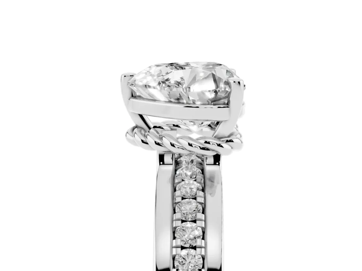 Heart Cut Solitaire Diamond Ring with Channel Set Band and Six-Prong Setting Silver