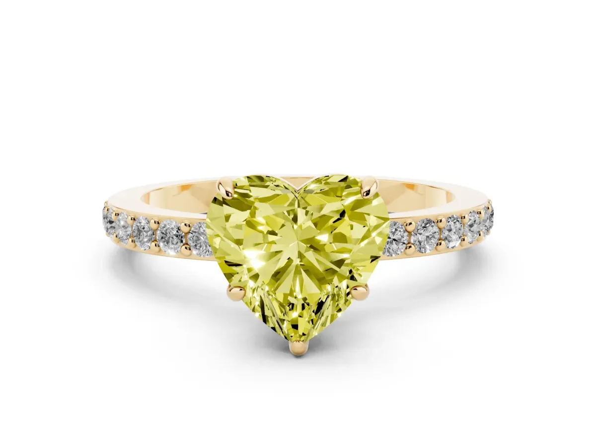 Fancy Yellow Heart Cut Diamond Pavé Engagement Ring with Round Accents and Prong Setting Yellow gold