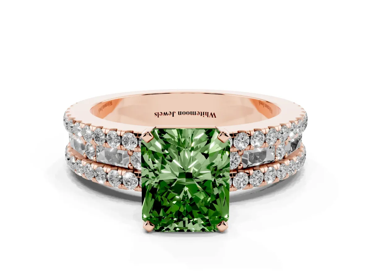 Fancy Green Radiant Cut Diamond Solitaire Ring with Pavé and Channel Set Band Rose gold